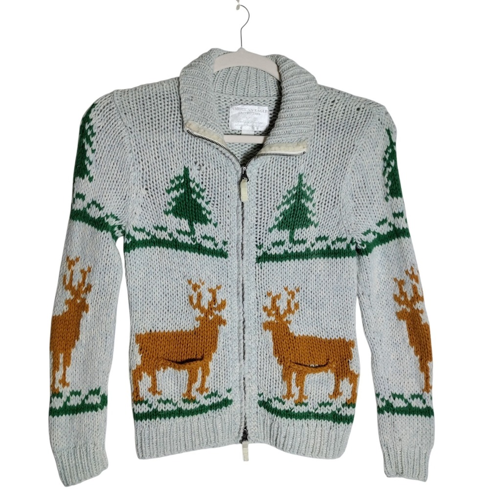 American Eagle Reindeer Pine Tree Cardigan Sweater Wool Alpaca Gray Mens M